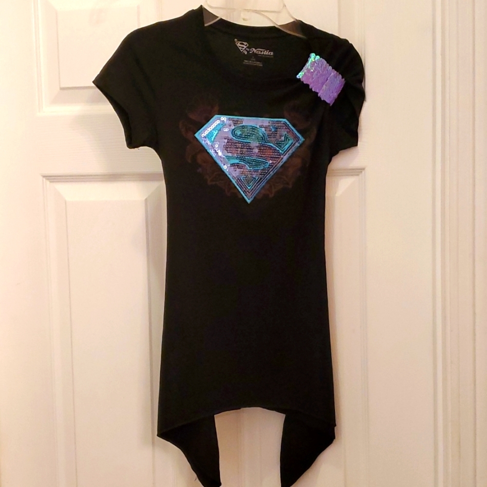 Supergirl by Nastia girls shirt w/ Lilac sleeve tie back or hair tie